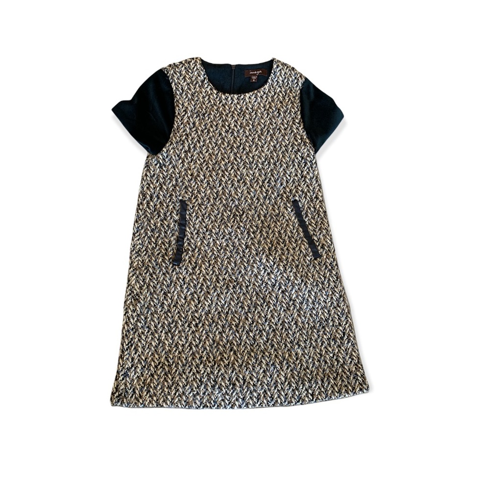 Short-Sleeve Tweed Dress w/ Faux-Leather Trim size 6